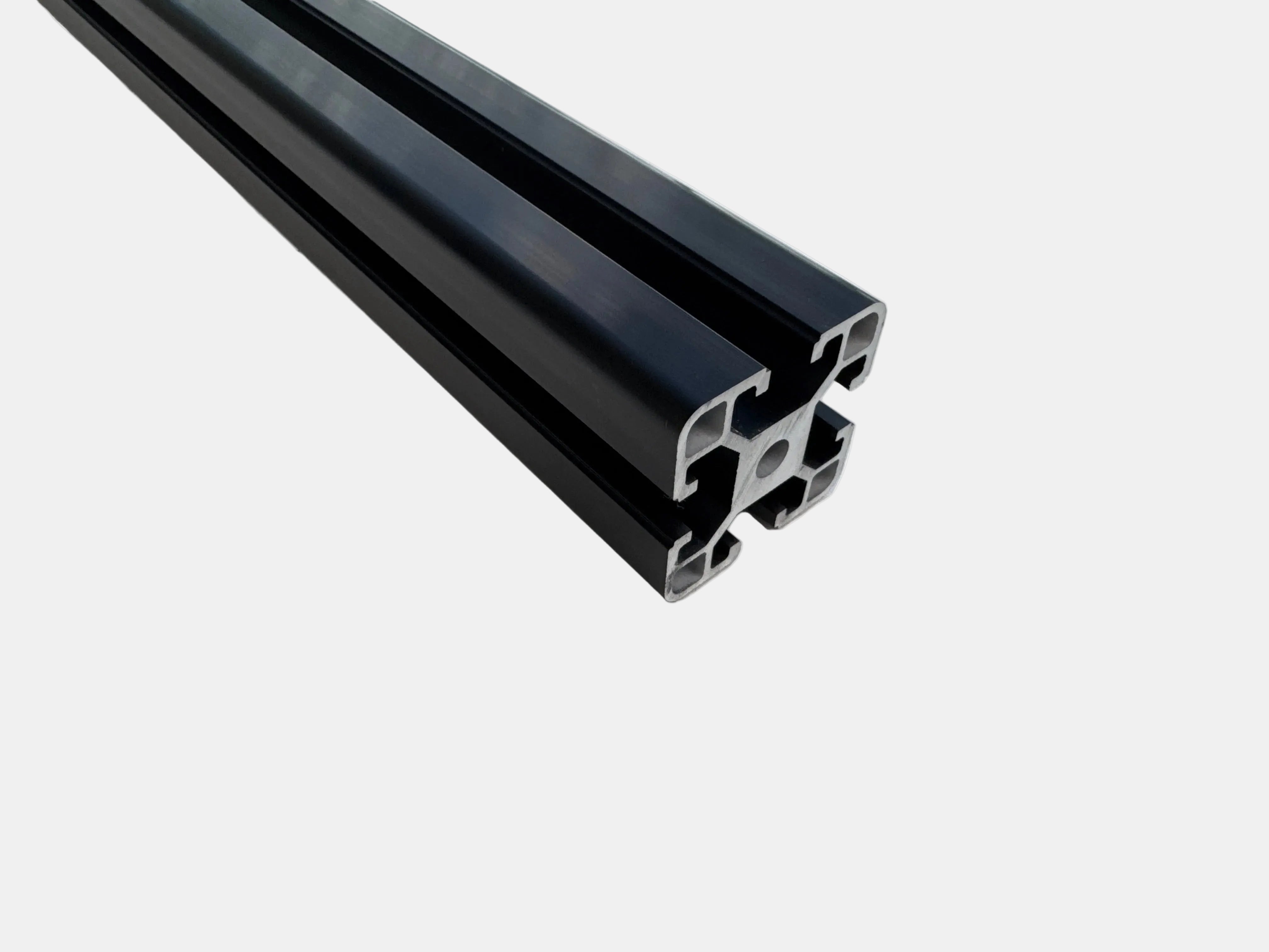 Black aluminum extrusion profile tubes with a square cross-section, shown on a light gray background.