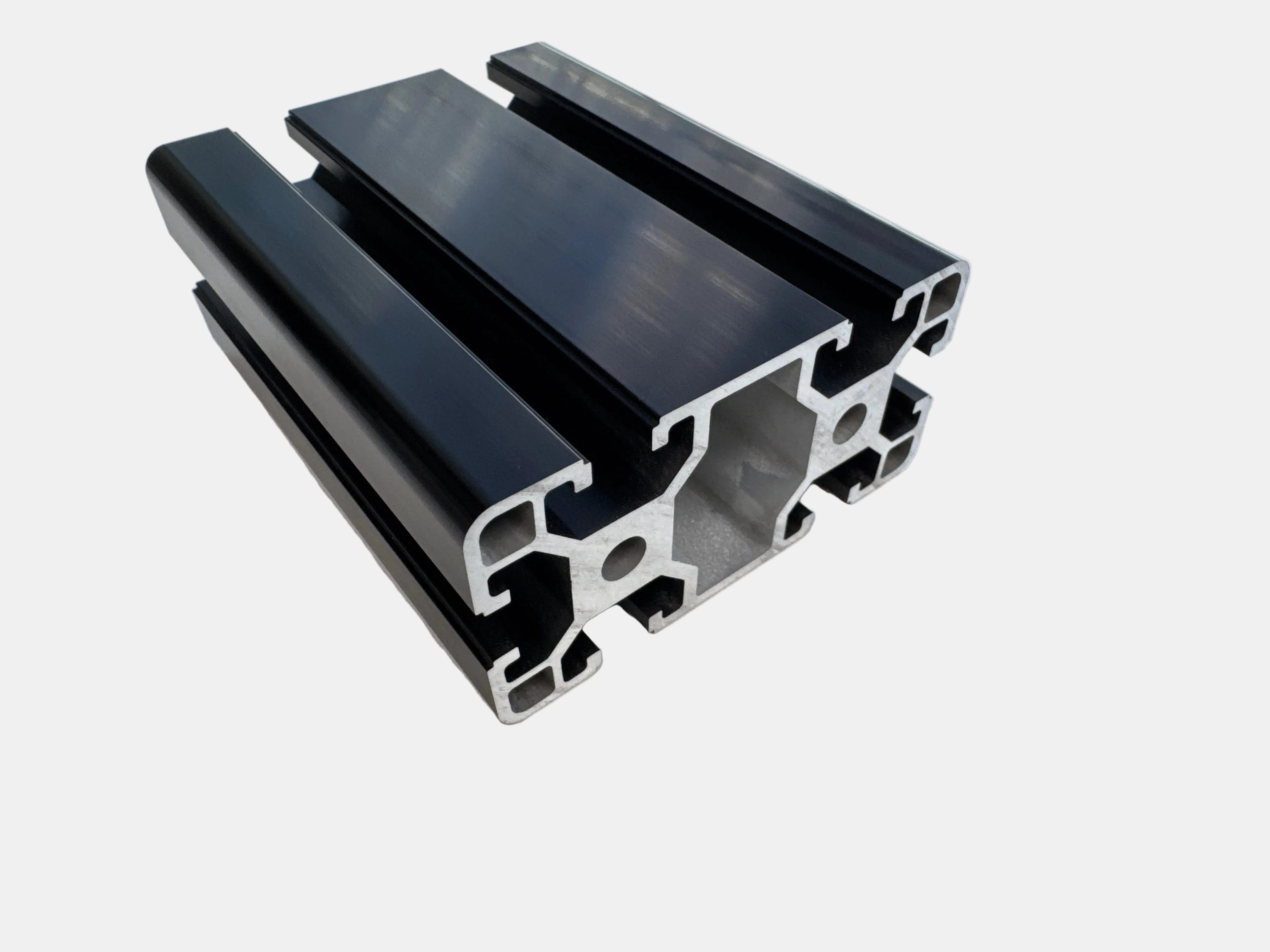 Black aluminum extrusion profile tube with a hollow cross-section, shown on a light gray background.