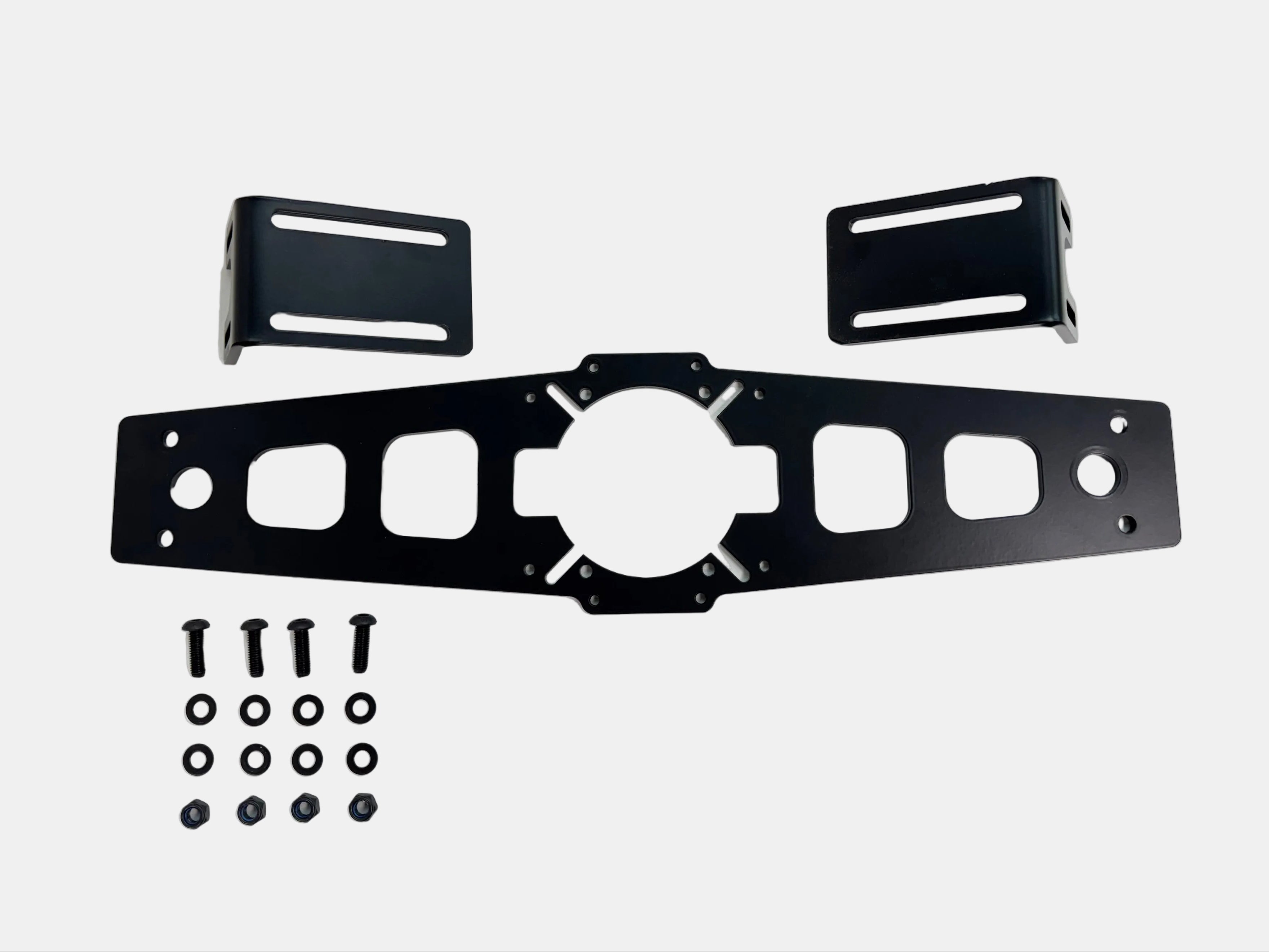 Black metal bracket with mounting hardware on a white background