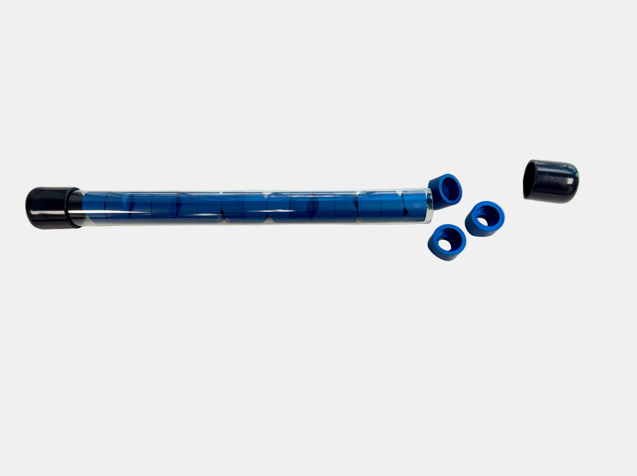 Blue cylindrical tube with black caps on a white background