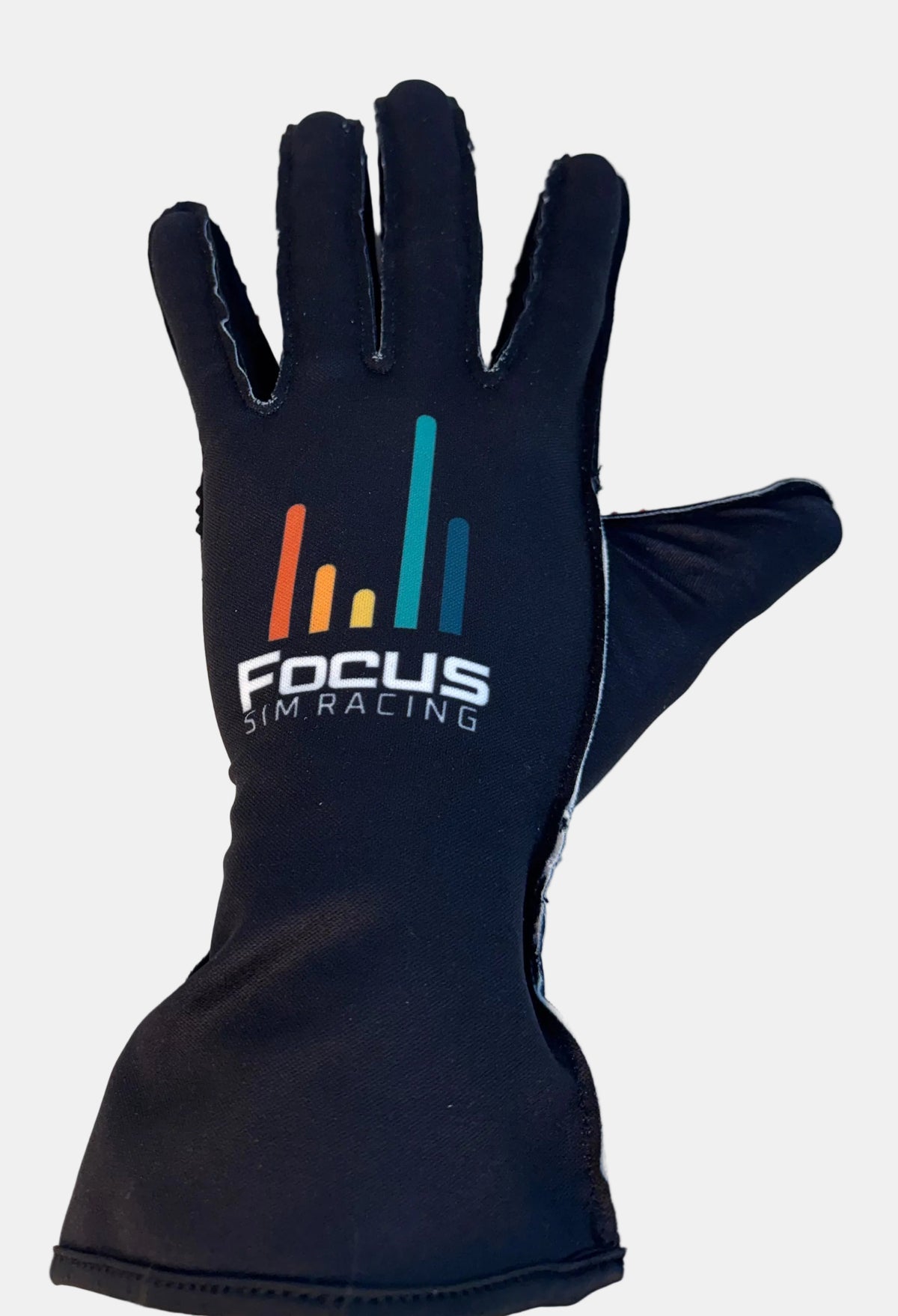 Back of Focus Sim Racing glove with multicolor FOCUS logo