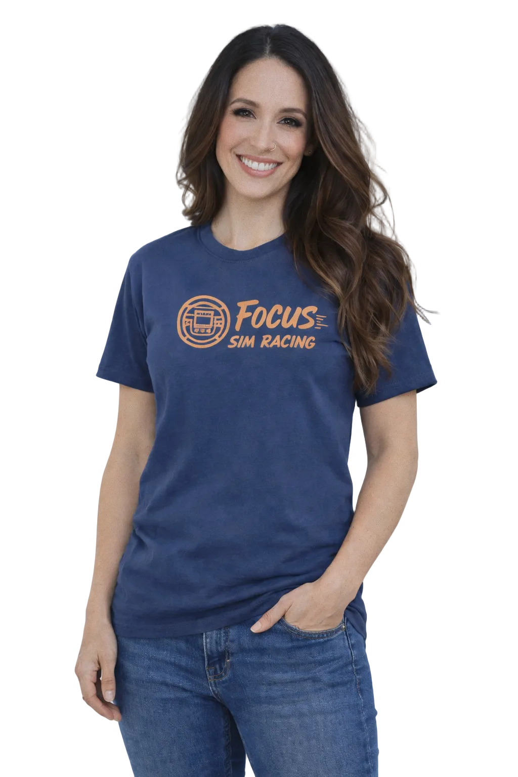 Woman wearing a navy blue t-shirt with 'Focus Sim Racing' logo on a white background