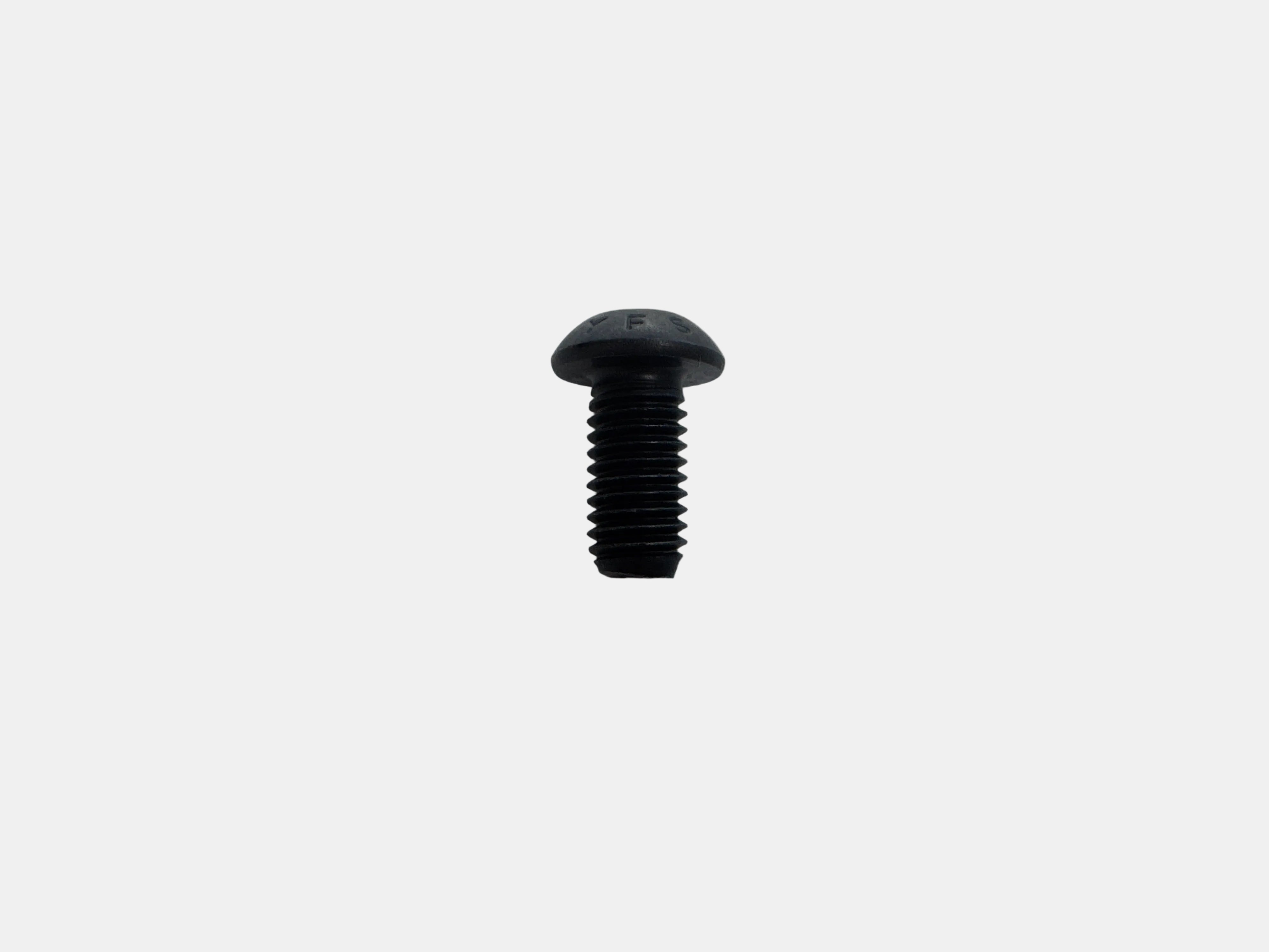 A single black plastic or coated screw fastener with a flat oval head and threaded shank, centered on a plain light gray background.