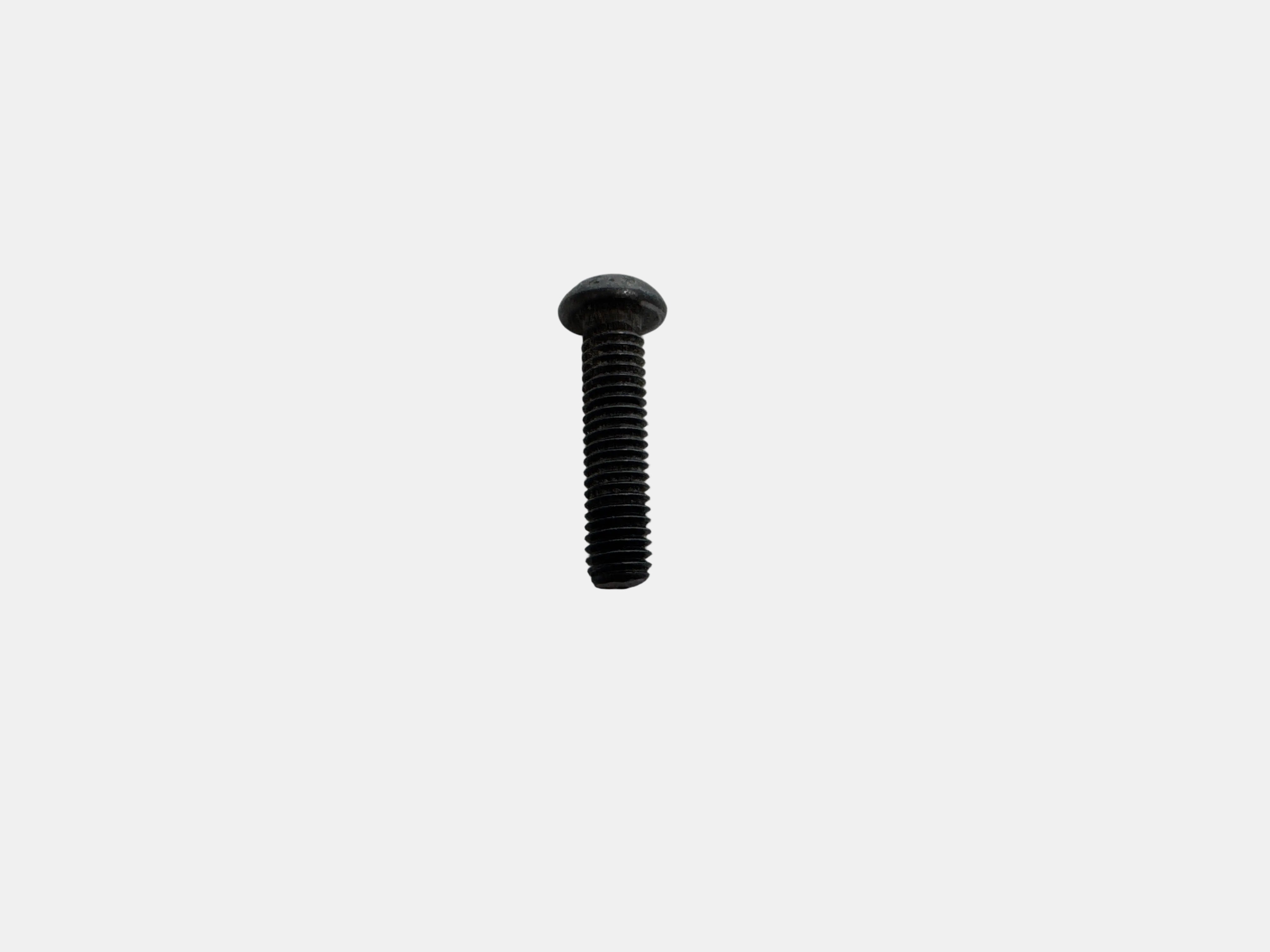 A single black metal screw with a flat head, shown vertically on a plain light gray background.