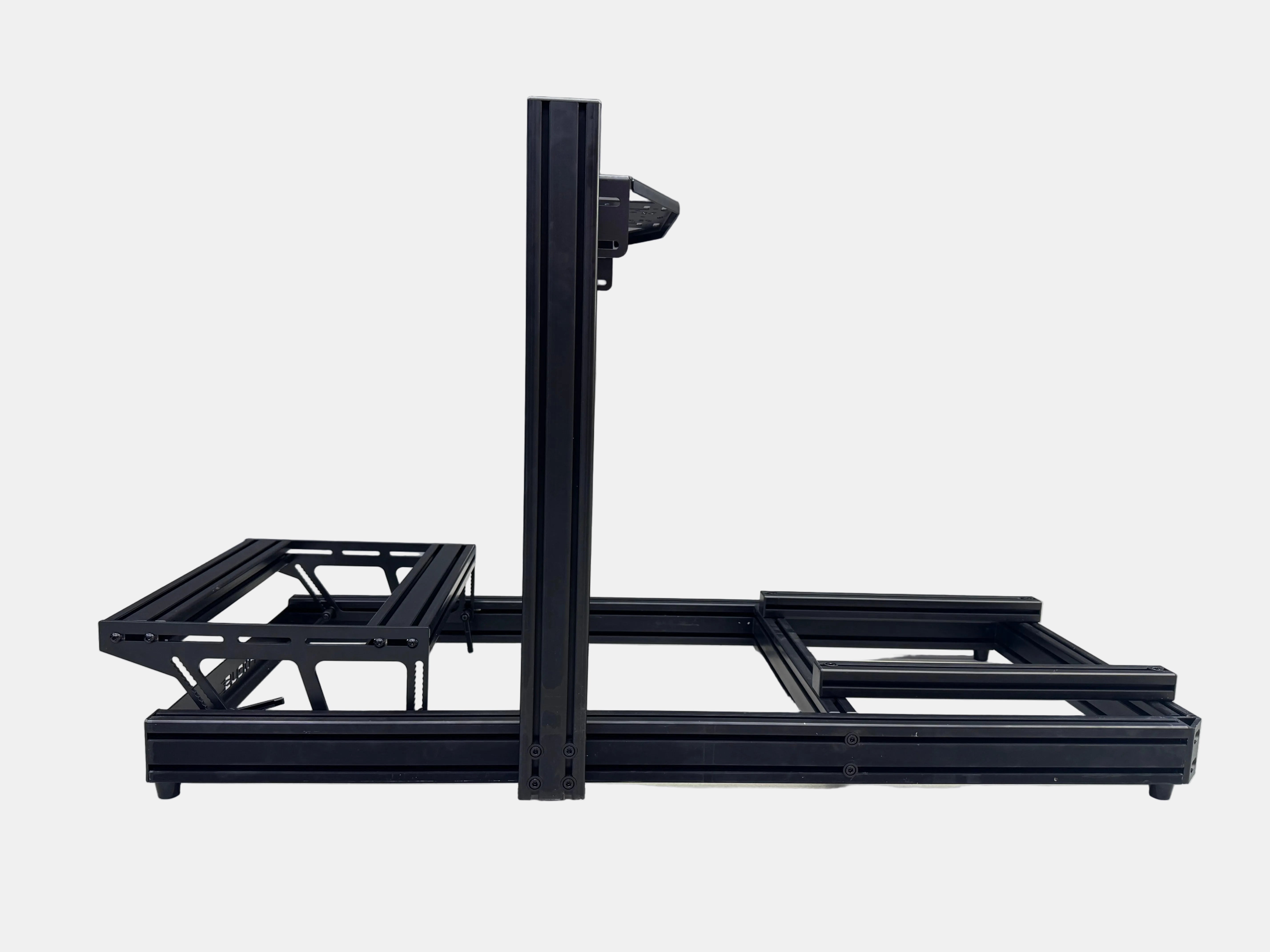 Black metal frame on a white surface with a gray background