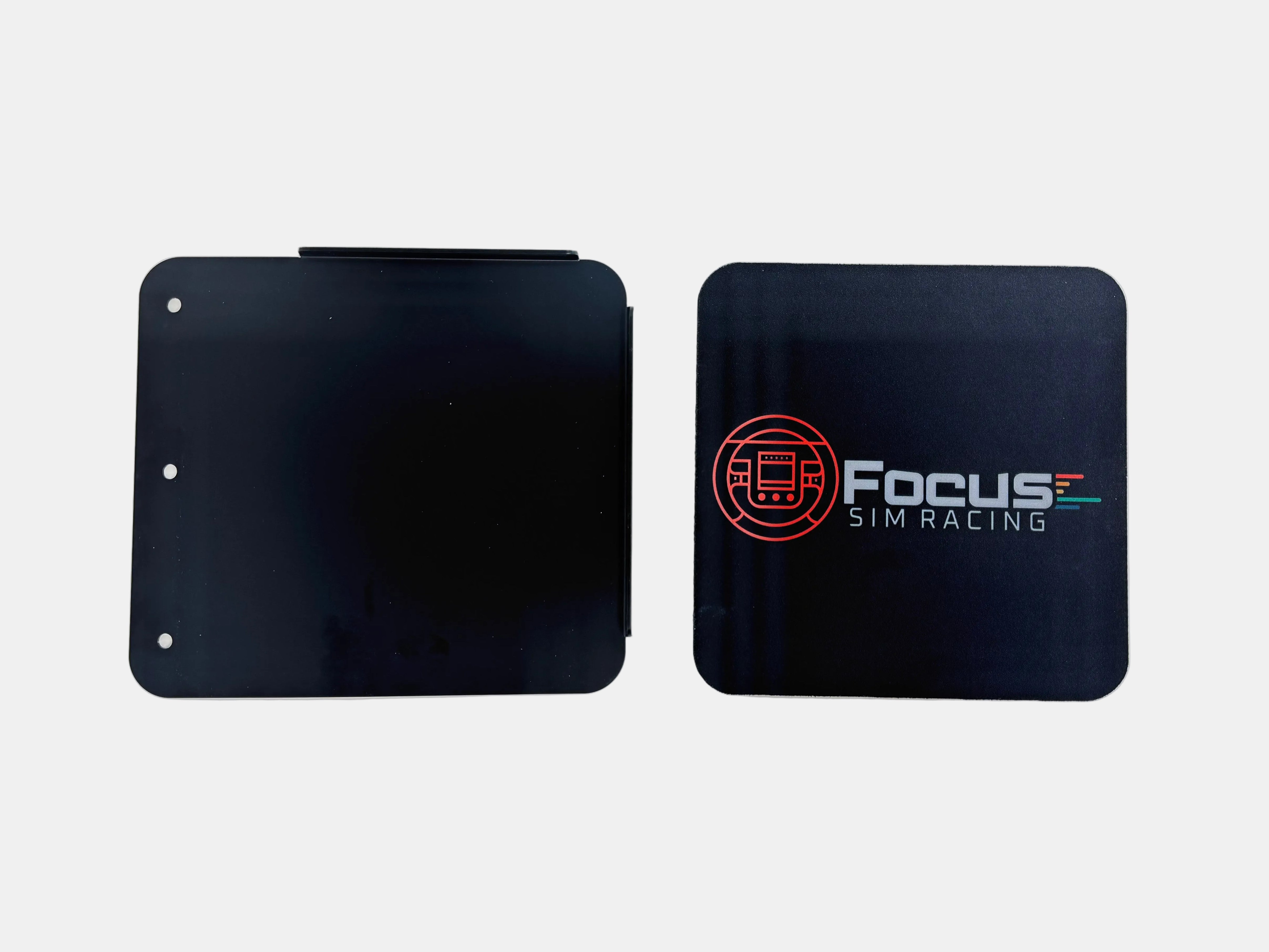 Two black rectangular objects with 'Focus Sim Racing' logo on a white background