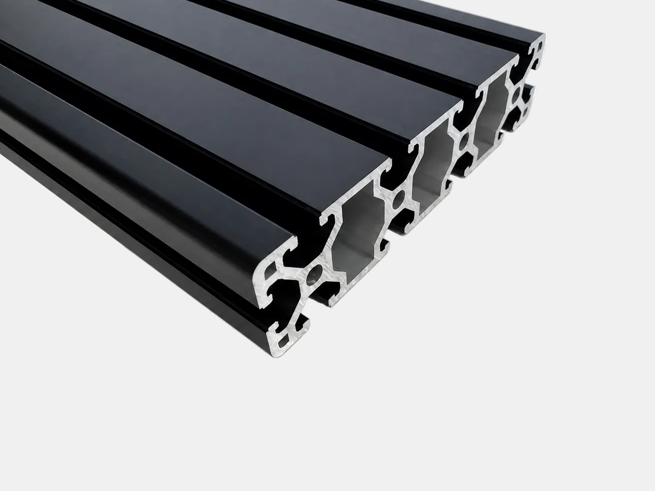 Black aluminum extrusion profiles with a hollow cross-section, shown on a checkered transparency-style background.