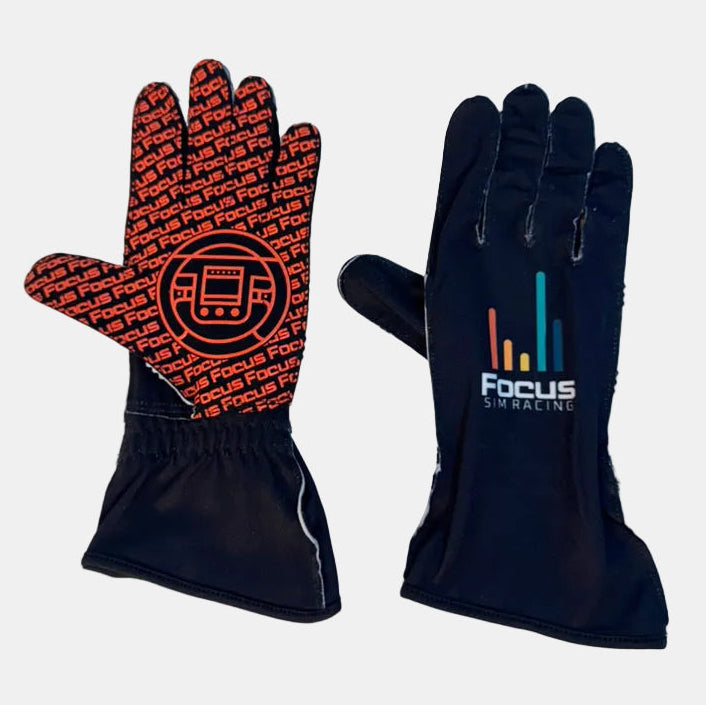 Focus Sim Racing glove pair showing silicone palm grip and branded back