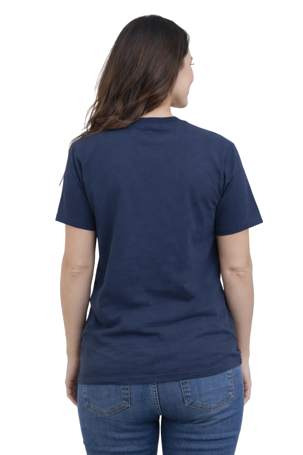 Person wearing a navy blue t-shirt and jeans on a plain background