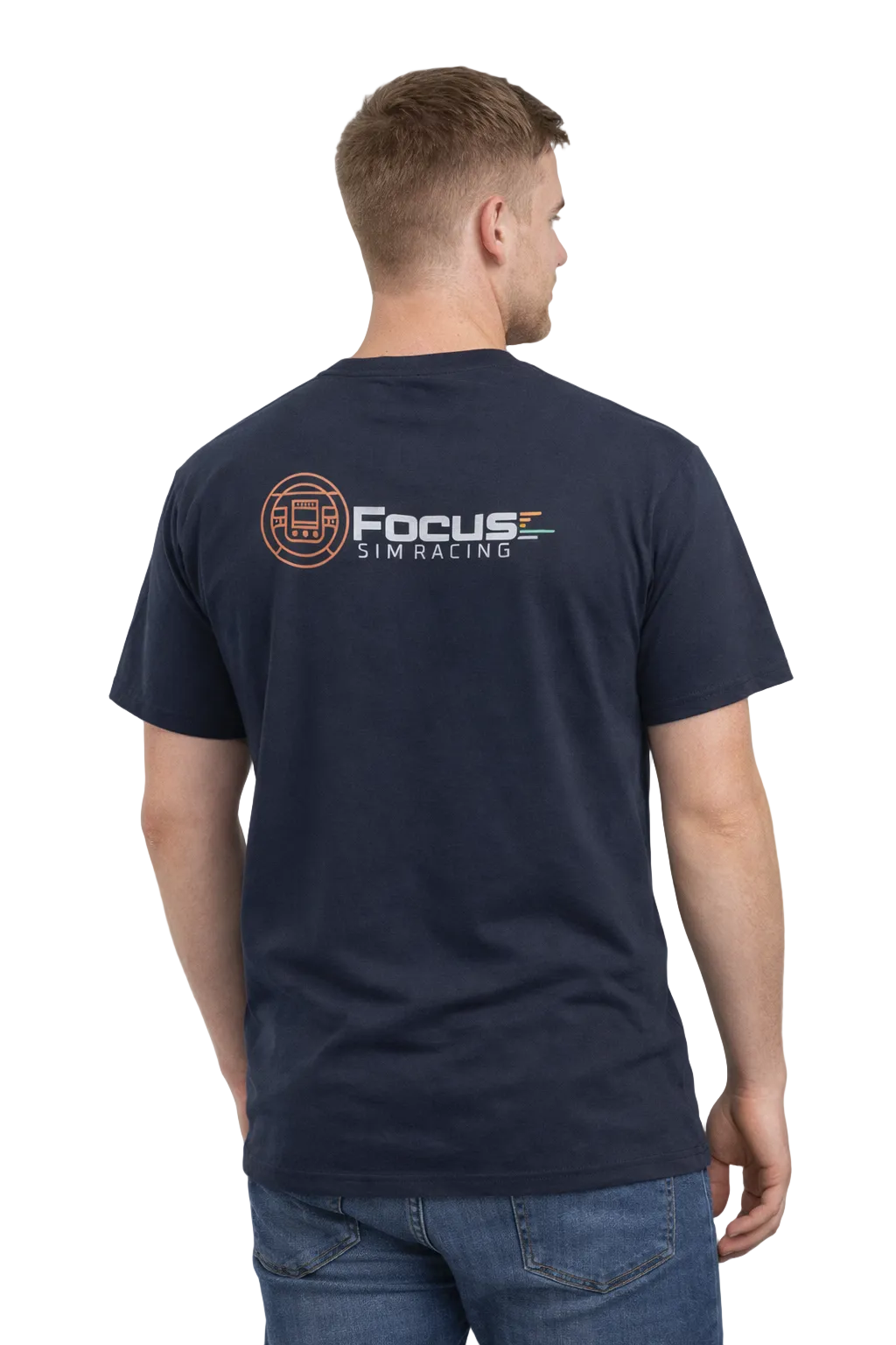 Man wearing a navy blue t-shirt with 'Focus Sim Racing' logo on the back against a gray background